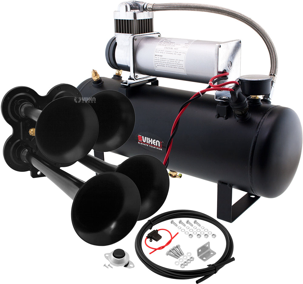 VIXEN HORNS VXO8580/4114B QUAD TRUMPET TRAIN AIR HORN BLACK WITH 2.5 GALLON TANK AND 200 PSI COMPRESSOR image 0