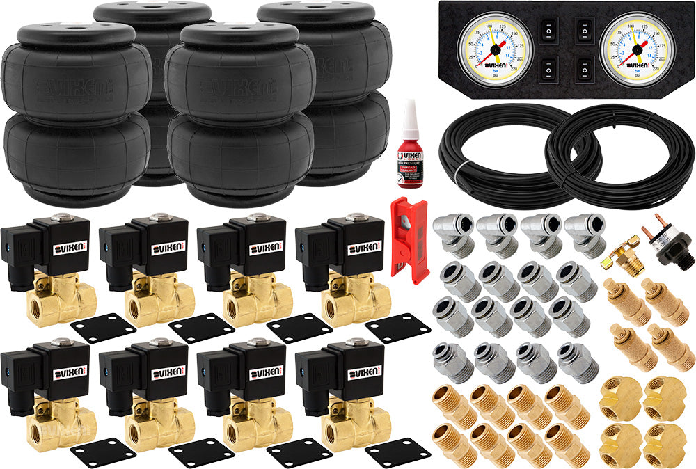 VIXEN AIR VXK3805FW 3/8" NPT AIR RIDE SUSPENSION HIGH FLOW AIR VALVES WITH FOUR AIR SPRINGS, PRESSURE SWITCH, GAUGE DASH PANEL, HOSES AND FITTINGS image 0