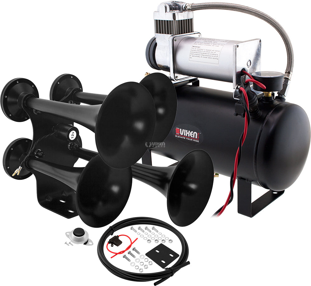VIXEN HORNS VXO8560/4318B QUAD TRUMPET TRAIN AIR HORN BLACK WITH 2 GALLON TANK AND 150 PSI COMPRESSOR image 0