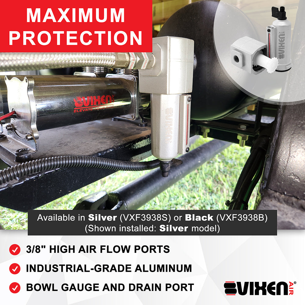 VIXEN AIR VXF3938SR 3/8" NPT IN-LINE ALUMINUM AIR FILTER/WATER TRAP WITH REMOTE DRAIN KIT SILVER image 1