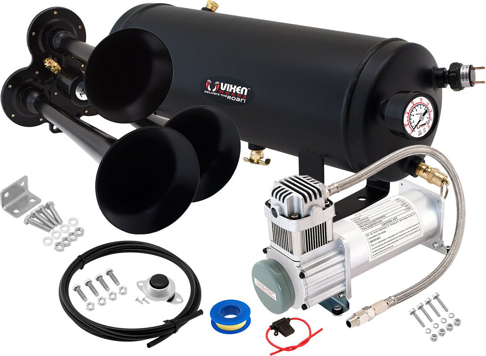 VIXEN HORNS VXO8315/3114B TRIPLE TRUMPET TRAIN AIR HORN BLACK WITH 1.5 GALLON TANK AND 200 PSI COMPRESSOR image 0