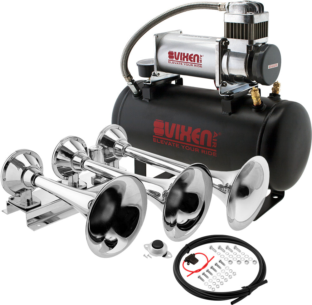 VIXEN HORNS VXO8560/3418C TRIPLE TRUMPET TRAIN AIR HORN CHROME PLATED WITH 2 GALLON TANK AND 150 PSI COMPRESSOR image 0