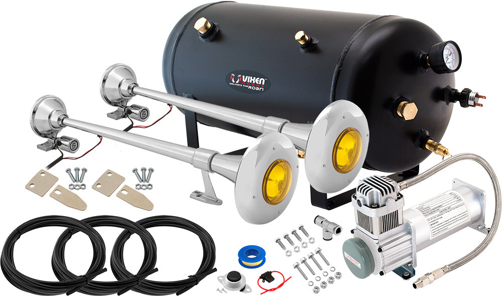 VIXEN HORNS VXO8350/1164Y2 DUAL TRUMPET TRAIN AIR HORN CHROME PLATED WITH 5 GALLON TANK AND 200 PSI COMPRESSOR image 0