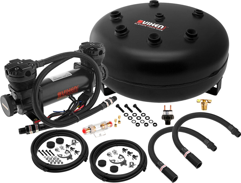 VIXEN AIR VXO8840DB 4 GALLON STEEL PANCAKE AIR TANK WITH DUAL CYLINDER 300 PSI AIR COMPRESSOR ONBOARD AIR SYSTEM image 0