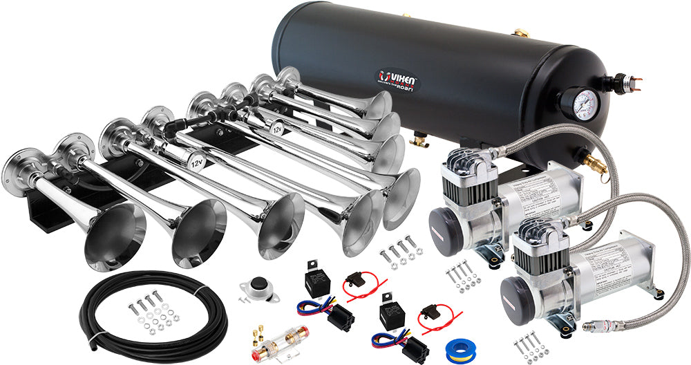 VIXEN HORNS OCTOPOD™ VXO8330DP/8124XC OCTO TRUMPET TRAIN AIR HORN CHROME PLATED WITH 3 GALLON TANK AND DUAL 200 PSI COMPRESSOR image 0