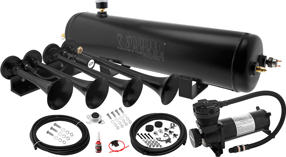 VIXEN HORNS VXO4830AB/4124XB QUAD TRUMPET TRAIN AIR HORN BLACK WITH 3 GALLON ALUMINUM TANK AND 200 PSI COMPRESSOR image 0