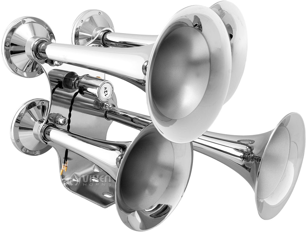 VIXEN HORNS VXO8341PRO/4318C2 DUAL QUAD TRUMPET TRAIN AIR HORN CHROME PLATED WITH 4 GALLON TANK AND 200 PSI COMPRESSOR image 1