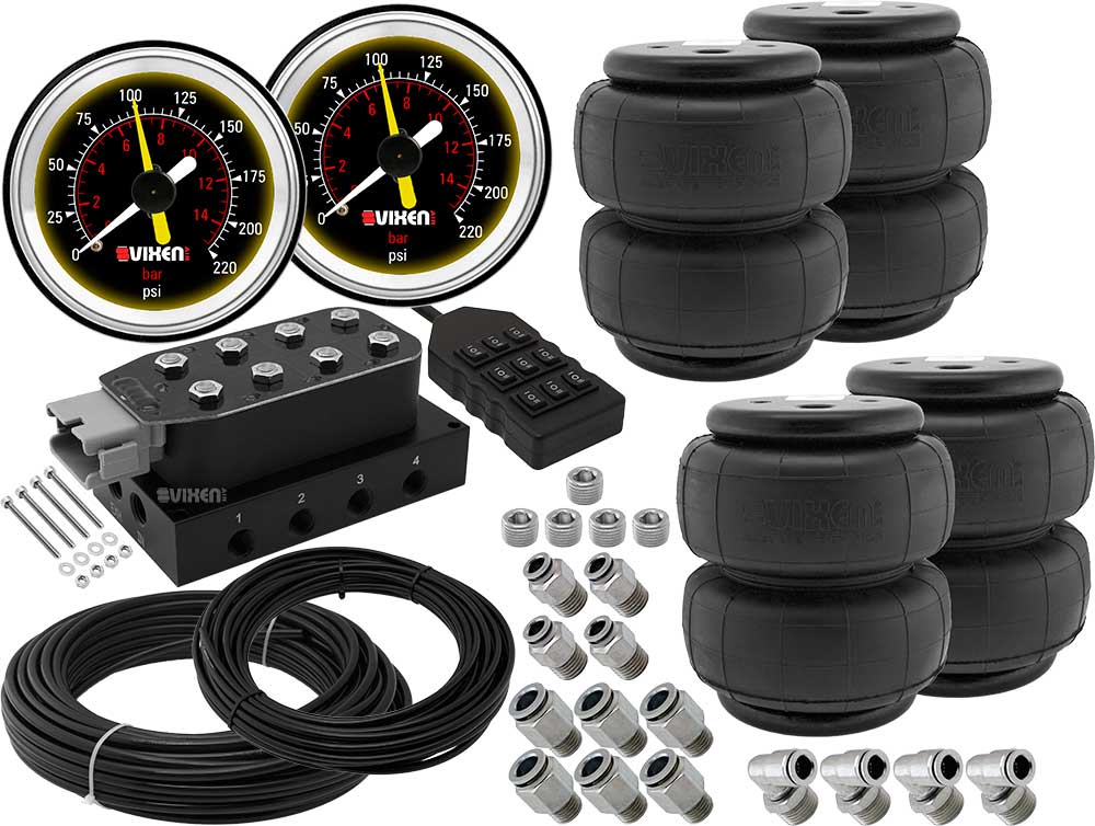 VIXEN AIR VXF4CM0126B 8 VALVE SUSPENSION MANIFOLD WITH FOUR AIR SPRINGS, TWO DUAL NEEDLE BLACK GAUGES, 3/8" OD HOSE 100 FT, 1/4" OD HOSE 50 FT AND FITTINGS image 0
