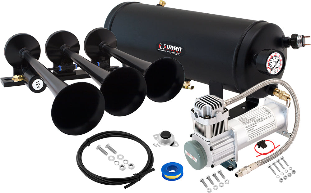 VIXEN HORNS VXO8315/3118B TRIPLE TRUMPET TRAIN AIR HORN BLACK WITH 1.5 GALLON TANK AND 200 PSI COMPRESSOR image 0