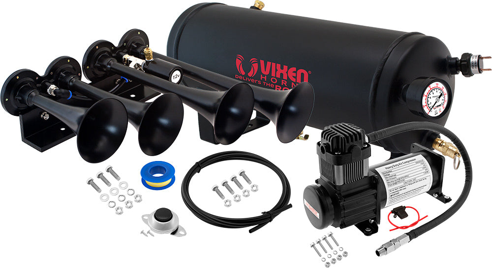 VIXEN HORNS VXO8115B/4124B QUAD TRUMPET TRAIN AIR HORN BLACK WITH 1.5 GALLON TANK AND 150 PSI COMPRESSOR image 0