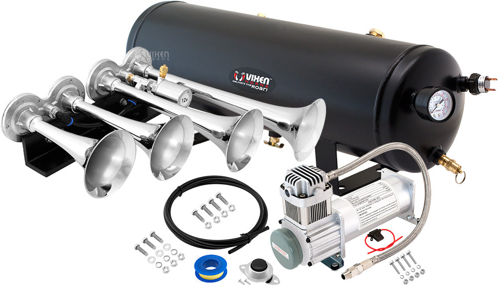 VIXEN HORNS VXO8330/4124C QUAD TRUMPET TRAIN AIR HORN CHROME PLATED WITH 3 GALLON TANK AND 200 PSI COMPRESSOR image 0