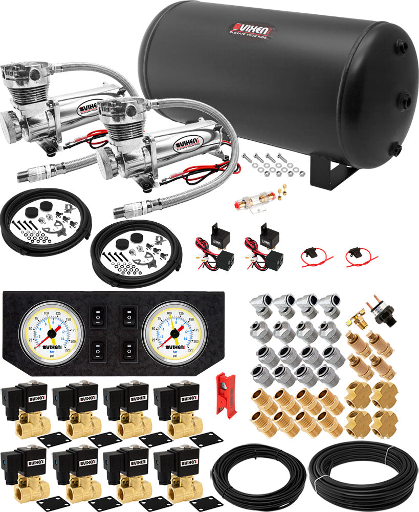 VIXEN AIR VXX1209GW/4863DC AIR SUSPENSION KIT FOR TRUCK/CAR BAG/AIR RIDE/SPRING. ON BOARD SYSTEM, DUAL 200PSI COMPRESSOR, 6 GALLON TANK image 0