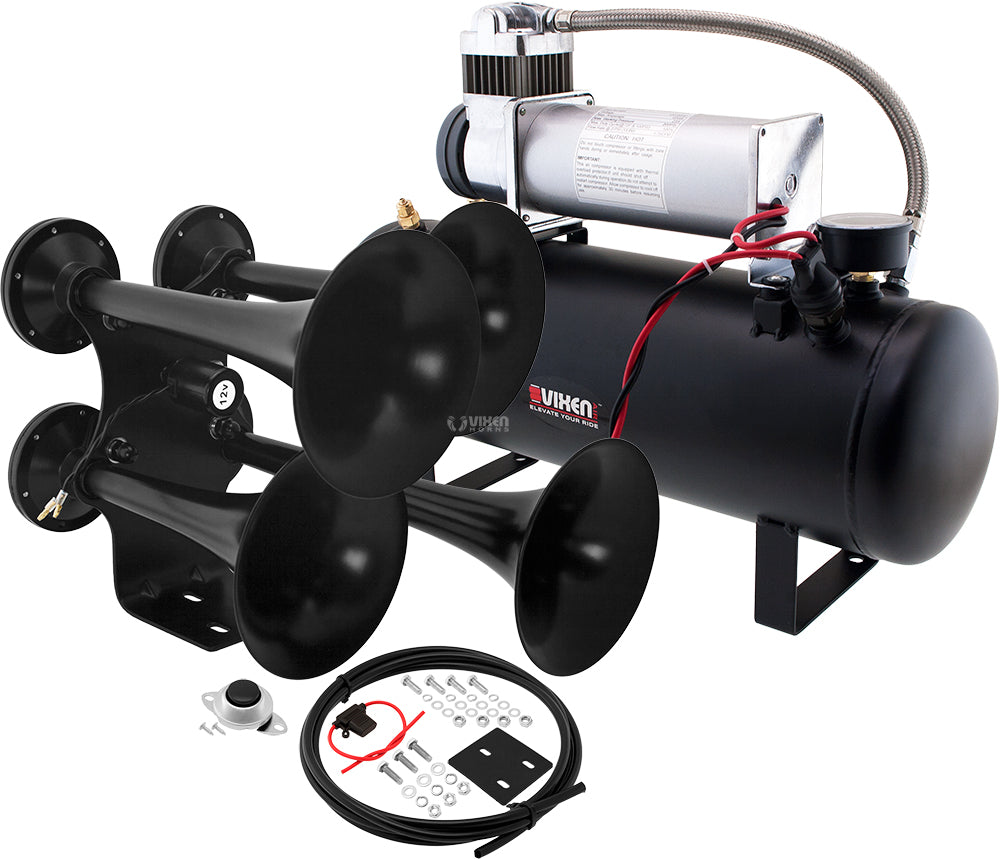 VIXEN HORNS VXO8580/4318B QUAD TRUMPET TRAIN AIR HORN BLACK WITH 2.5 GALLON TANK AND 200 PSI COMPRESSOR image 0