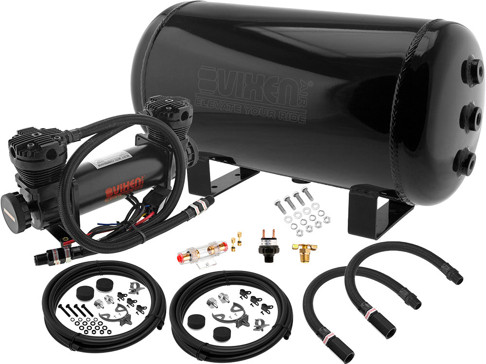 VIXEN AIR VXO8852DAB 6 GALLON ALUMINUM AIR TANK BLACK WITH DUAL CYLINDER 300 PSI AIR COMPRESSOR ONBOARD AIR SYSTEM image 0
