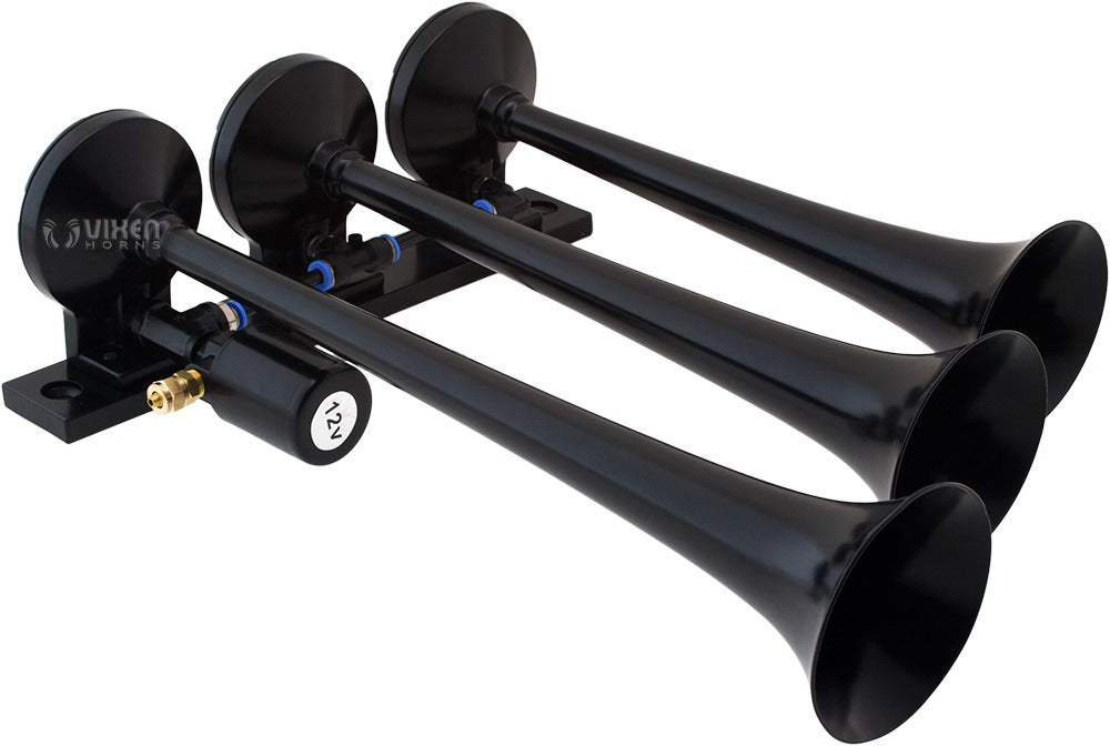 VIXEN HORNS VXO8330/3118B TRIPLE TRUMPET TRAIN AIR HORN BLACK WITH 3 GALLON TANK AND 200 PSI COMPRESSOR image 1