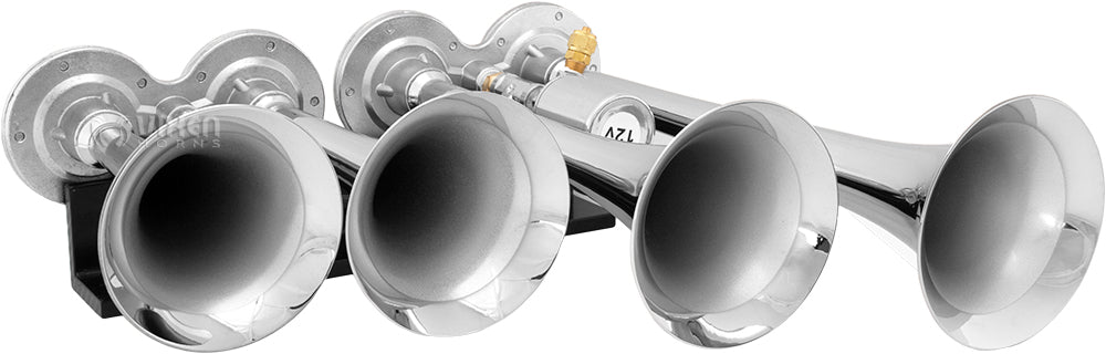 VIXEN HORNS VXO8705/4124C QUAD TRUMPET TRAIN AIR HORN CHROME PLATED WITH 0.5 GALLON TANK AND 150 PSI COMPRESSOR image 1