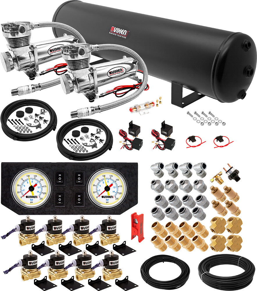 VIXEN AIR VXX1208GW/4852DC AIR SUSPENSION KIT FOR TRUCK/CAR BAG/AIR RIDE/SPRING. ON BOARD SYSTEM, DUAL 200PSI COMPRESSOR, 5 GALLON TANK image 0