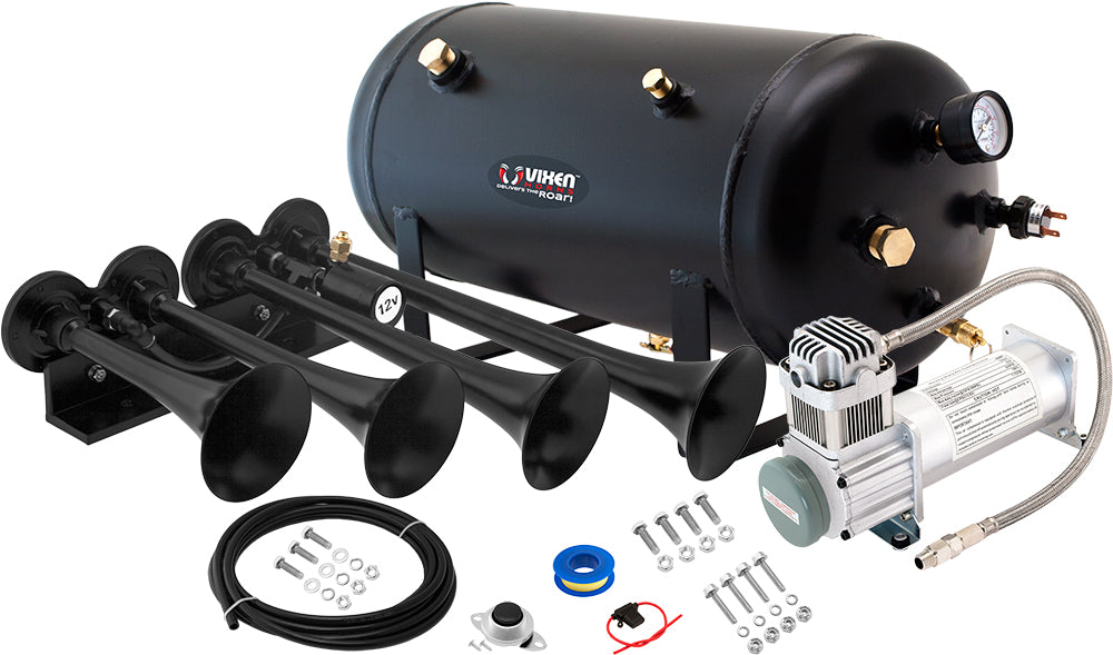 VIXEN HORNS VXO8350/4124XB QUAD TRUMPET TRAIN AIR HORN BLACK WITH 5 GALLON TANK AND 200 PSI COMPRESSOR image 0