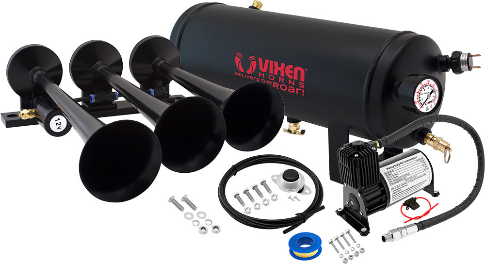 VIXEN HORNS VXO8715B/3118B TRIPLE TRUMPET TRAIN AIR HORN BLACK WITH 1.5 GALLON TANK AND 150 PSI COMPRESSOR image 0