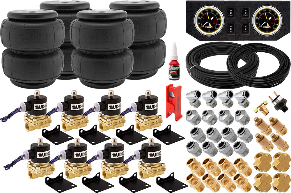 VIXEN AIR VXK1208FB 1/2" NPT AIR RIDE SUSPENSION HIGH FLOW AIR VALVES WITH FOUR AIR SPRINGS, PRESSURE SWITCH, GAUGE DASH PANEL, HOSES AND FITTINGS image 0