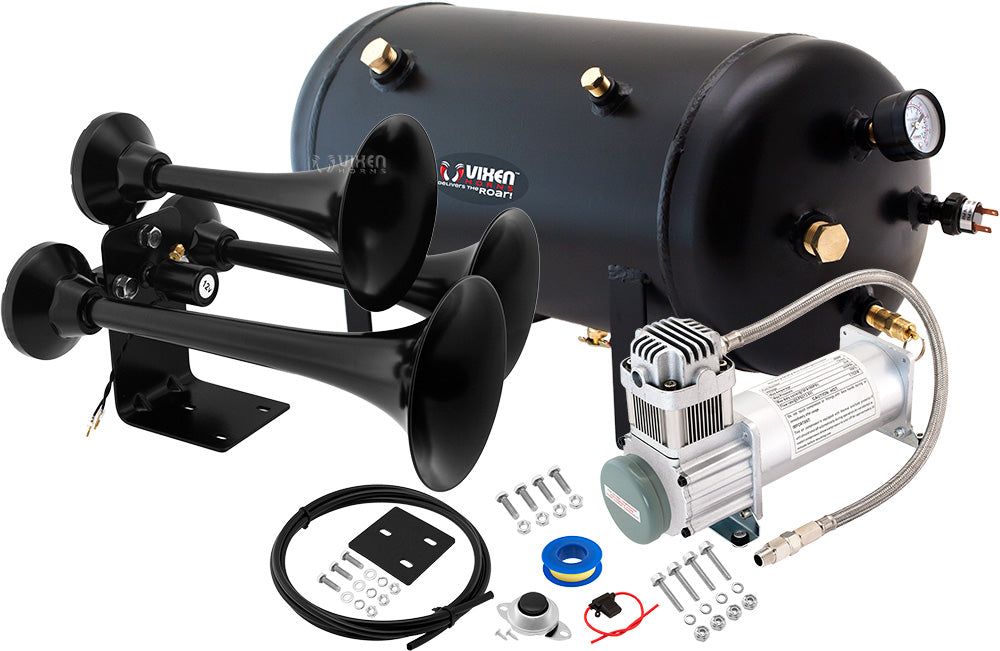 VIXEN HORNS VXO8350/3318B TRIPLE TRUMPET TRAIN AIR HORN BLACK WITH 5 GALLON TANK AND 200 PSI COMPRESSOR image 0