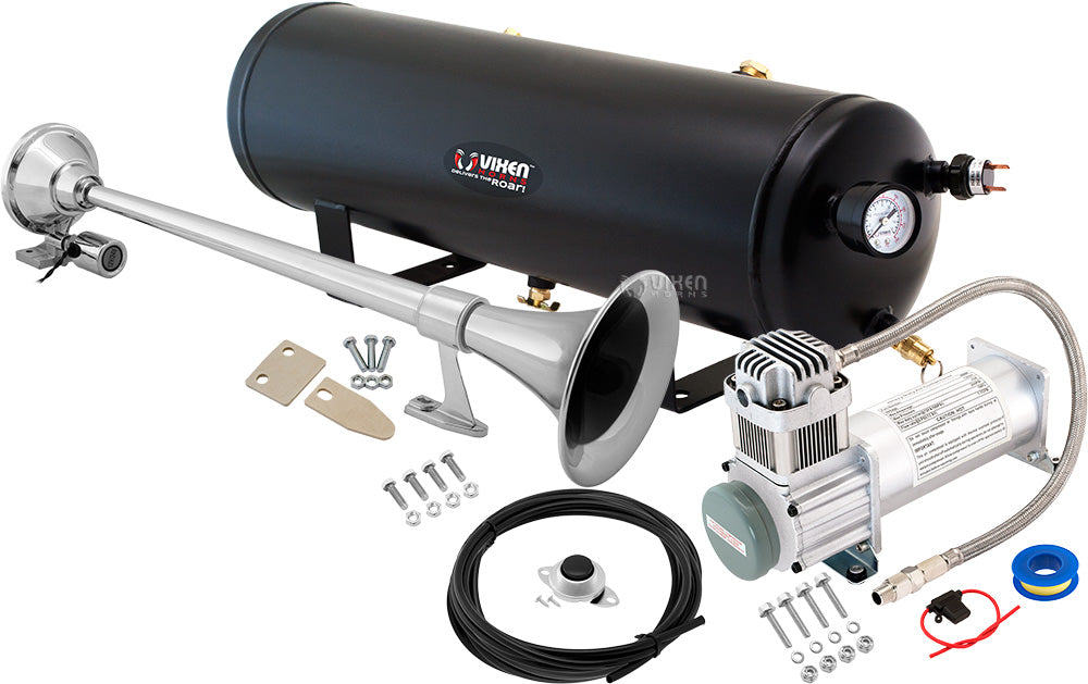 VIXEN HORNS VXO8330/1164 SINGLE TRUMPET TRAIN AIR HORN CHROME PLATED WITH 3 GALLON TANK AND 200 PSI COMPRESSOR image 0