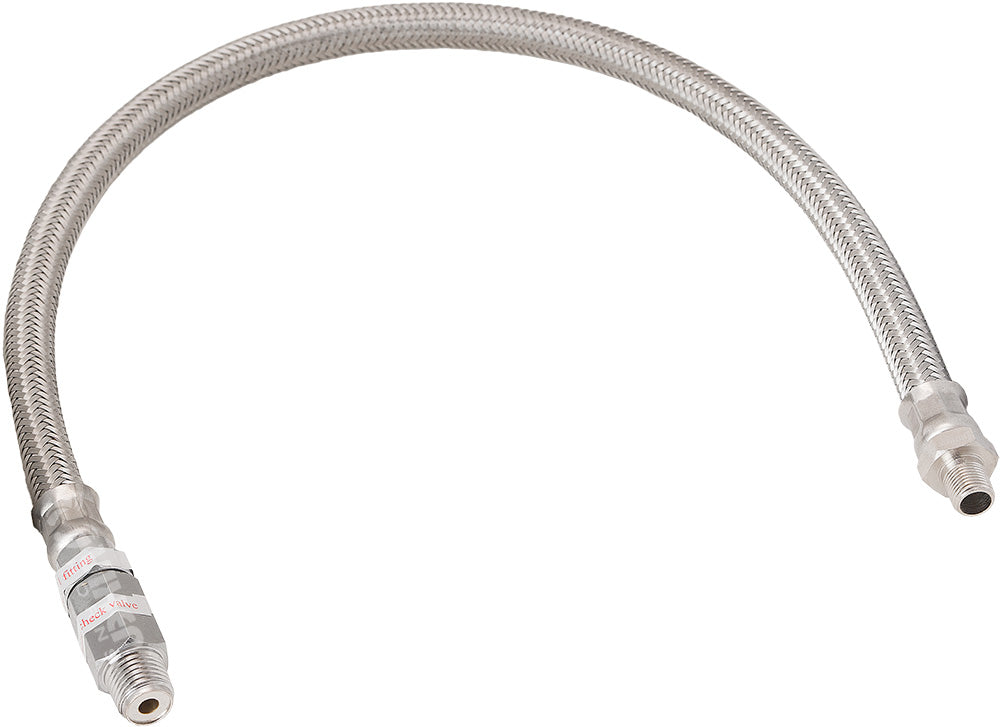 VIXEN HORNS VXA7332 STAINLESS STEEL BRAIDED LEADER HOSE WITH CHECK VALVE 1/8" TO 1/4" MALE NPT 20" CHROME COLOR image 0