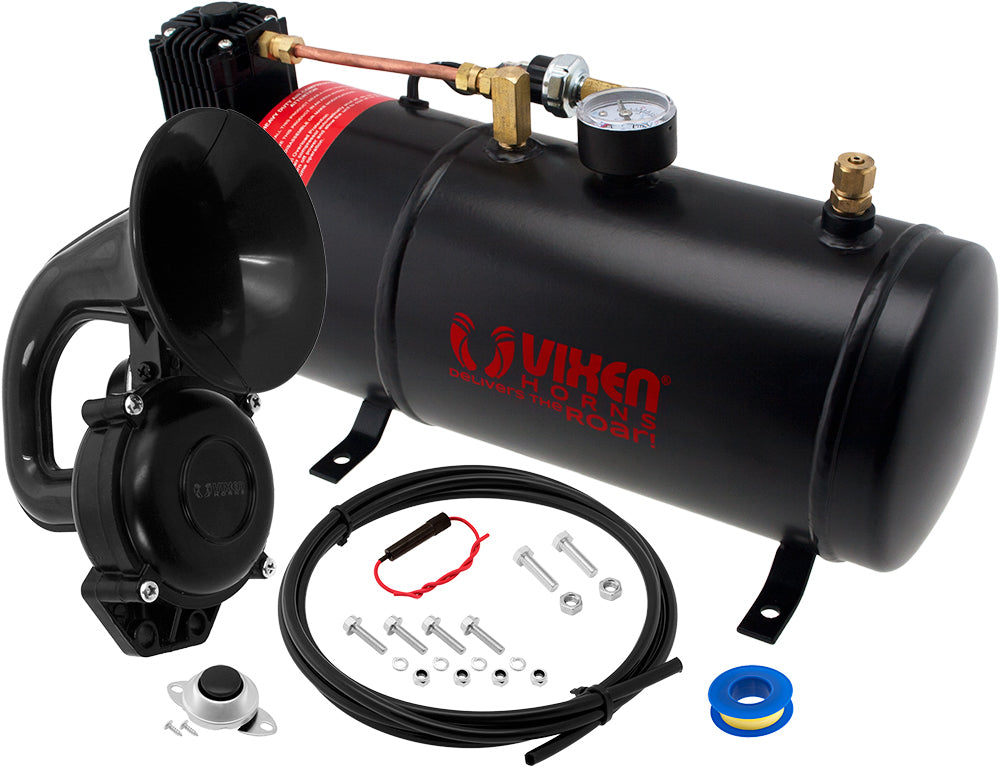 VIXEN HORNS VXO8210/1101 SINGLE TRUMPET SNAIL AIR HORN BLACK WITH 1 GALLON TANK AND 150 PSI COMPRESSOR image 0