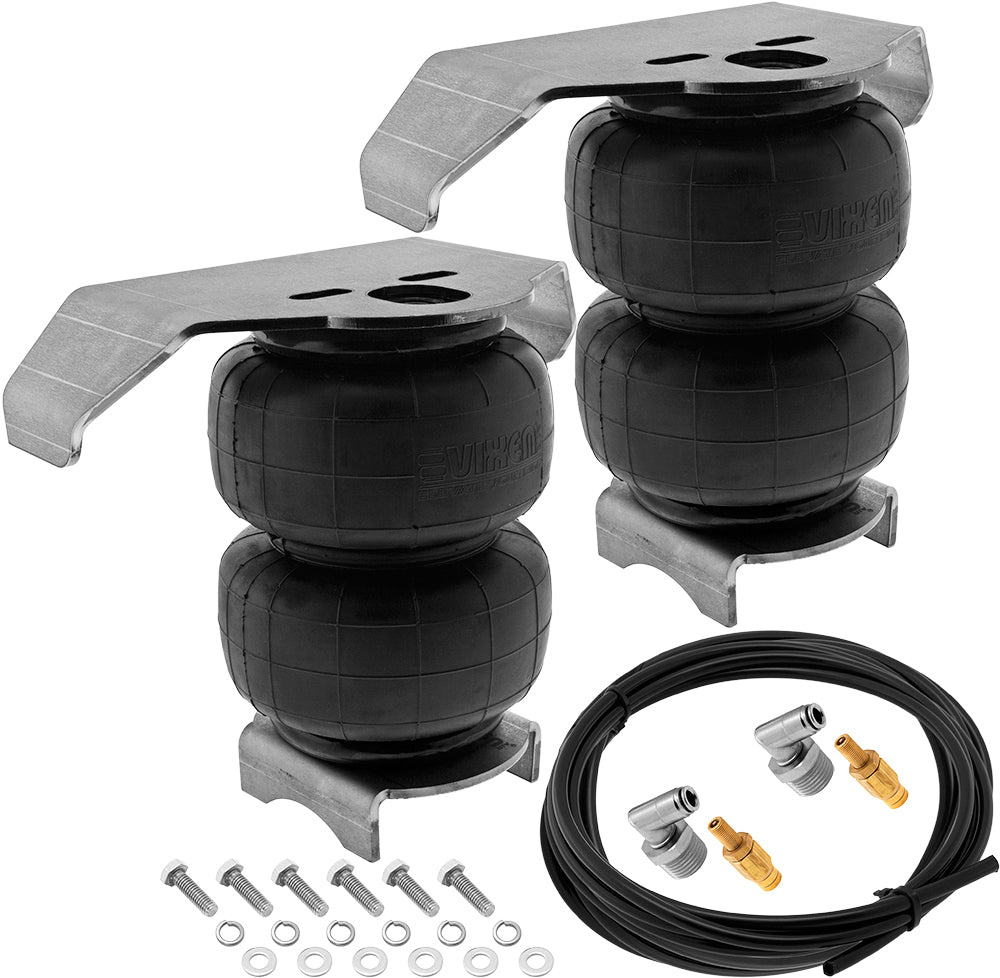VIXEN AIR VXD2514S/BB 1/2" NPT SINGLE AIR PORT SUSPENSION AIR SPRING/AIR BAGS WITH UNIVERSAL BRACKETS, FITTINGS, SCHRADER VALVES AND 20FT HOSE image 0