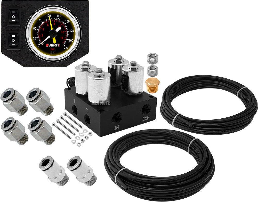 VIXEN AIR VXF2CM01B 4 VALVE SUSPENSION MANIFOLD WITH ONE DUAL NEEDLE BLACK GAUGE PANEL, 3/8" OD HOSE 50 FT, 1/4" OD HOSE 35 FT AND FITTINGS image 0
