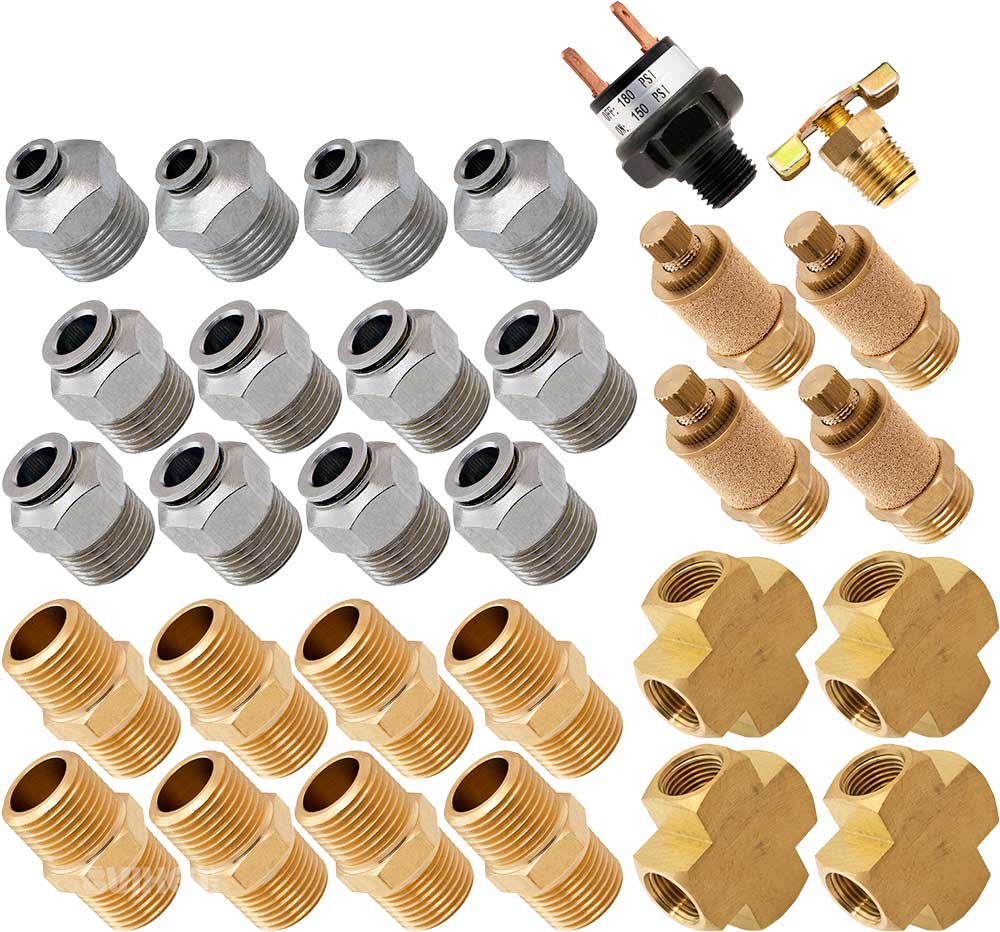 VIXEN AIR VXK1206 SET OF FITTINGS FOR EIGHT 1/2" NPT AIR VALVES USING 1/2" AND 1/4" OD AIR LINES, PRESSURE SWITCH INCLUDED image 0