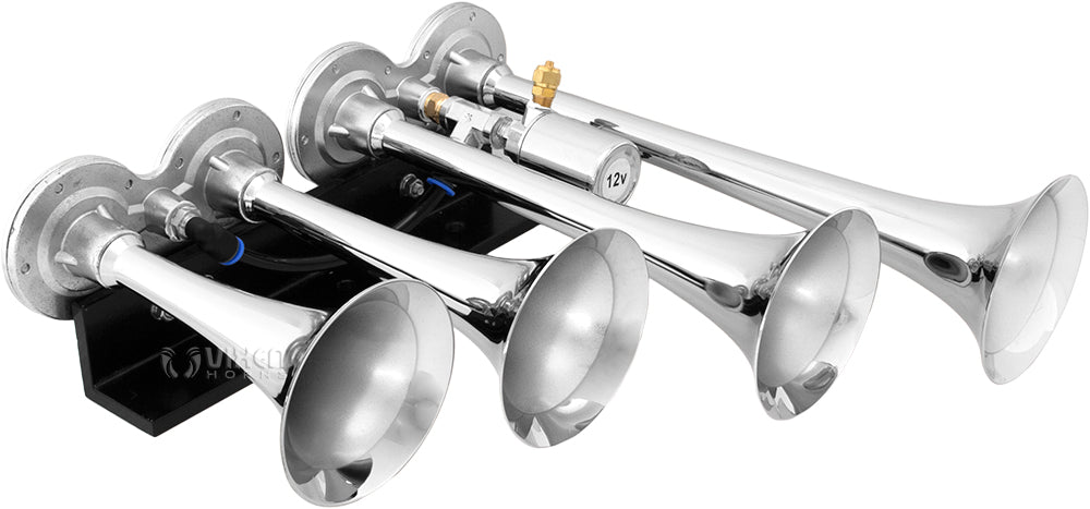 VIXEN HORNS VXO8210/4124C QUAD TRUMPET TRAIN AIR HORN CHROME PLATED WITH 1 GALLON TANK AND 150 PSI COMPRESSOR image 1