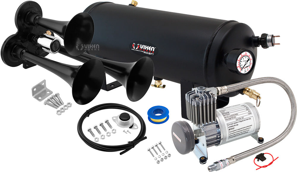 VIXEN HORNS VXO8815/3311B TRIPLE TRUMPET TRAIN AIR HORN BLACK WITH 1.5 GALLON TANK AND 150 PSI COMPRESSOR image 0