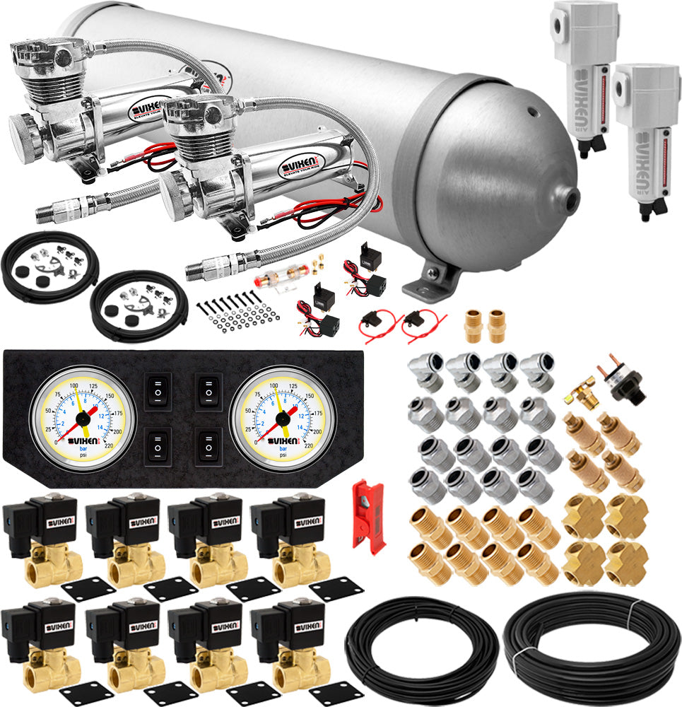VIXEN AIR VXX1209GW/4850DCF AIR SUSPENSION KIT FOR TRUCK/CAR BAG/AIR RIDE/SPRING. ON BOARD SYSTEM, DUAL 200PSI COMPRESSOR, 5 GALLON ALUMINUM TANK image 0