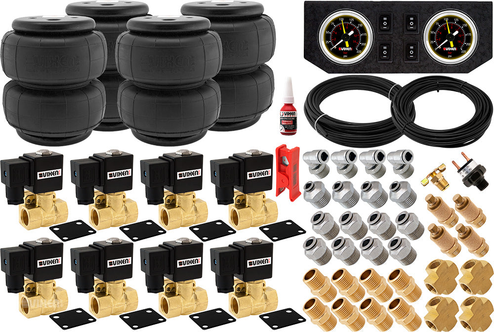 VIXEN AIR VXK1205FB 1/2" NPT AIR RIDE SUSPENSION HIGH FLOW AIR VALVES WITH FOUR AIR SPRINGS, PRESSURE SWITCH, GAUGE DASH PANEL, HOSES AND FITTINGS image 0