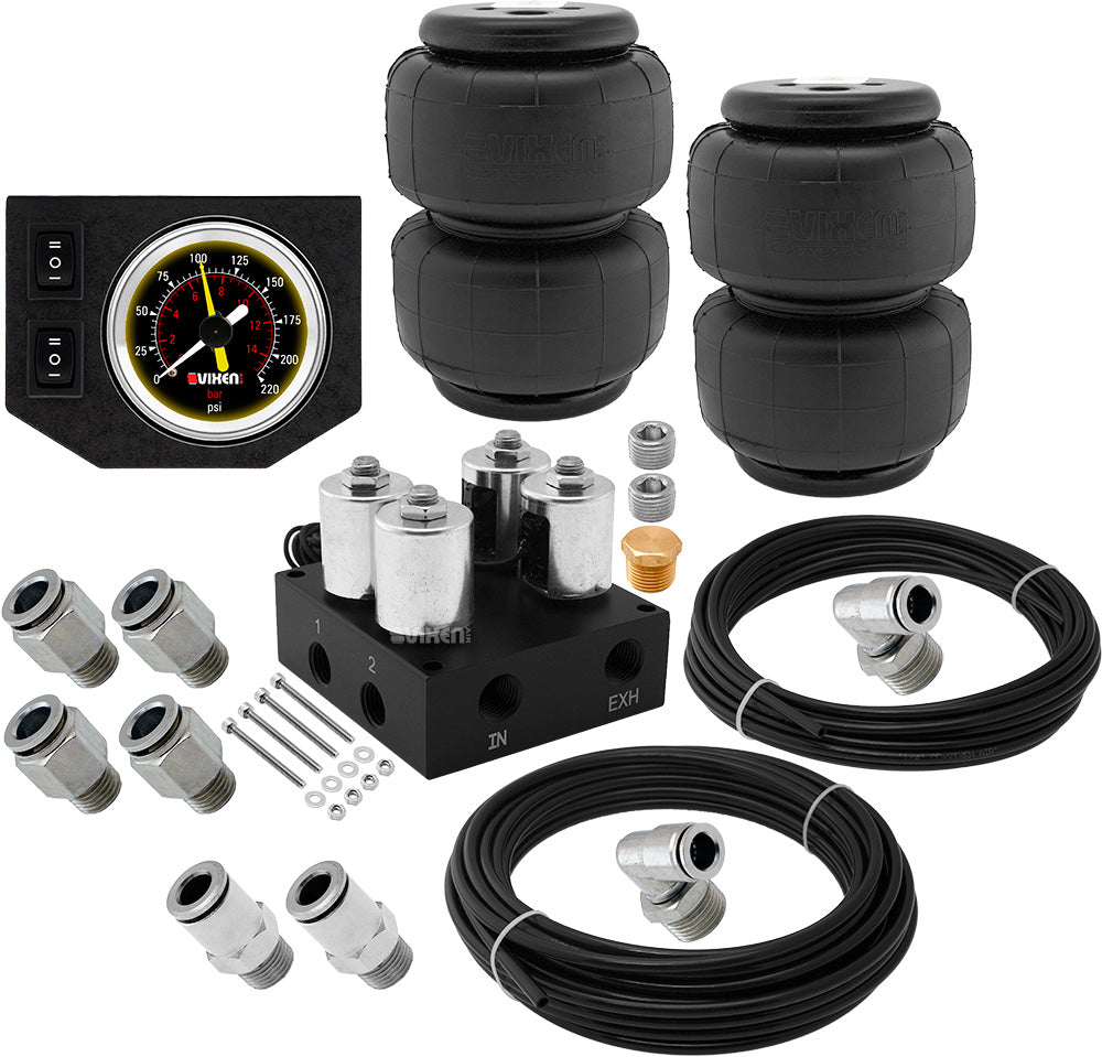 VIXEN AIR VXF2CM0125B 4 VALVE SUSPENSION MANIFOLD WITH TWO 2500 AIR SPRINGS, ONE DUAL NEEDLE BLACK GAUGE PANEL, 3/8" OD HOSE 50 FT, 1/4" OD HOSE 35 FT AND FITTINGS image 0