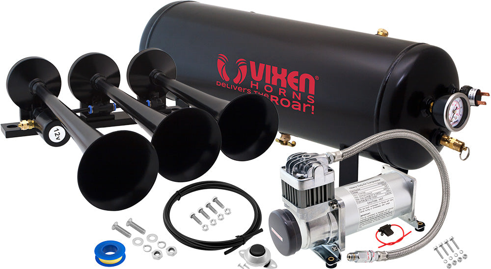 VIXEN HORNS VXO8325/3118B TRIPLE TRUMPET TRAIN AIR HORN BLACK WITH 2.5 GALLON TANK AND 200 PSI COMPRESSOR image 0
