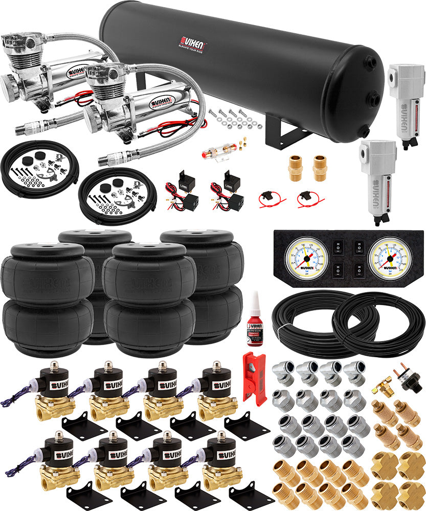 VIXEN AIR VXX1208FW/4852DCF AIR SUSPENSION KIT FOR TRUCK/CAR BAG/AIR RIDE/SPRING. ON BOARD SYSTEM, DUAL 200PSI COMPRESSOR, 5 GALLON TANK image 0
