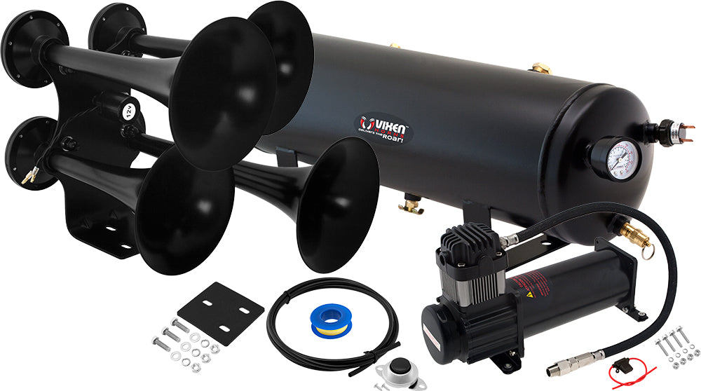 VIXEN HORNS VXO8330B/4318B QUAD TRUMPET TRAIN AIR HORN BLACK WITH 3 GALLON TANK AND 200 PSI COMPRESSOR image 0