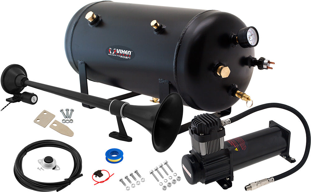 VIXEN HORNS VXO8350B/1164B SINGLE TRUMPET TRAIN AIR HORN BLACK WITH 5 GALLON TANK AND 200 PSI COMPRESSOR image 0