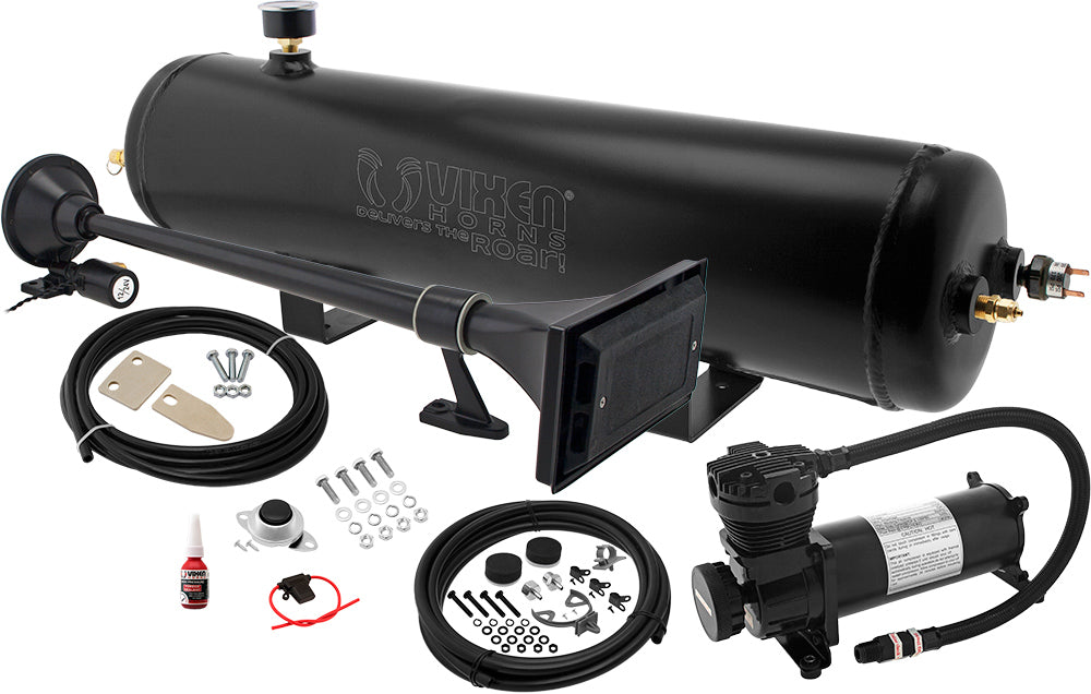 VIXEN HORNS VXO4830AB/1264B SINGLE TRUMPET TRAIN AIR HORN BLACK WITH 3 GALLON ALUMINUM TANK AND 200 PSI COMPRESSOR image 0