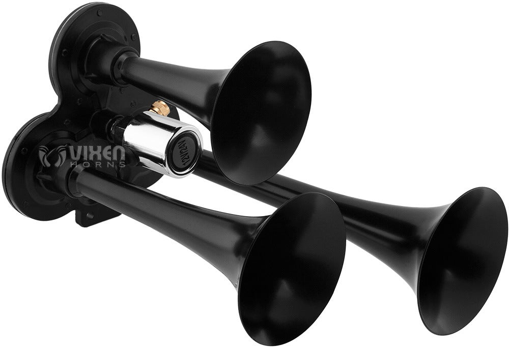 VIXEN HORNS VXO8715B/3311B TRIPLE TRUMPET TRAIN AIR HORN BLACK WITH 1.5 GALLON TANK AND 150 PSI COMPRESSOR image 1