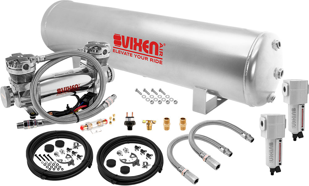 VIXEN AIR VXO8852GDCF 5 GALLON STEEL AIR TANK SILVER WITH DUAL CYLINDER 300 PSI AIR COMPRESSOR ONBOARD AIR SYSTEM image 0