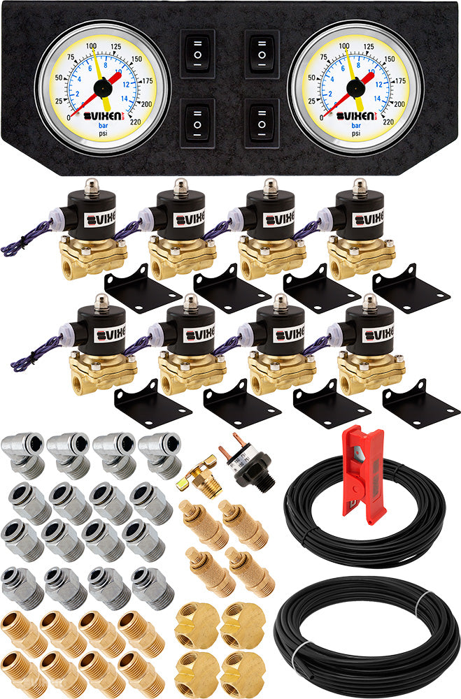 VIXEN AIR VXK3804GW 3/8" NPT AIR RIDE SUSPENSION HIGH FLOW AIR VALVES/SOLENOIDS 210 PSI FOUR CORNERS WITH DUAL WHITE GAUGE, FITTINGS AND HOSES image 0
