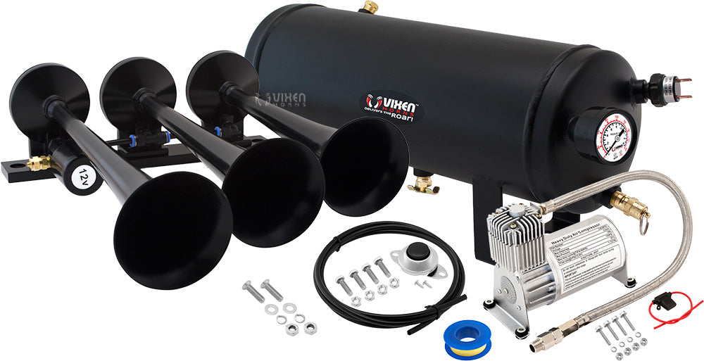 VIXEN HORNS VXO8715/3118B TRIPLE TRUMPET TRAIN AIR HORN BLACK WITH 1.5 GALLON TANK AND 150 PSI COMPRESSOR image 0