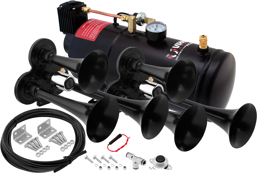 VIXEN HORNS VXO8210/3311B2 DUAL TRIPLE TRUMPET TRAIN AIR HORN BLACK WITH 1 GALLON TANK AND 150 PSI COMPRESSOR image 0