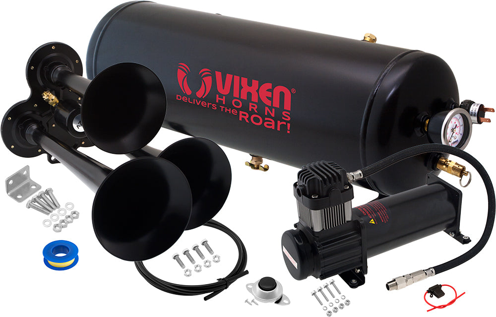 VIXEN HORNS VXO8325B/3114B TRIPLE TRUMPET TRAIN AIR HORN BLACK WITH 2.5 GALLON TANK AND 200 PSI COMPRESSOR image 0