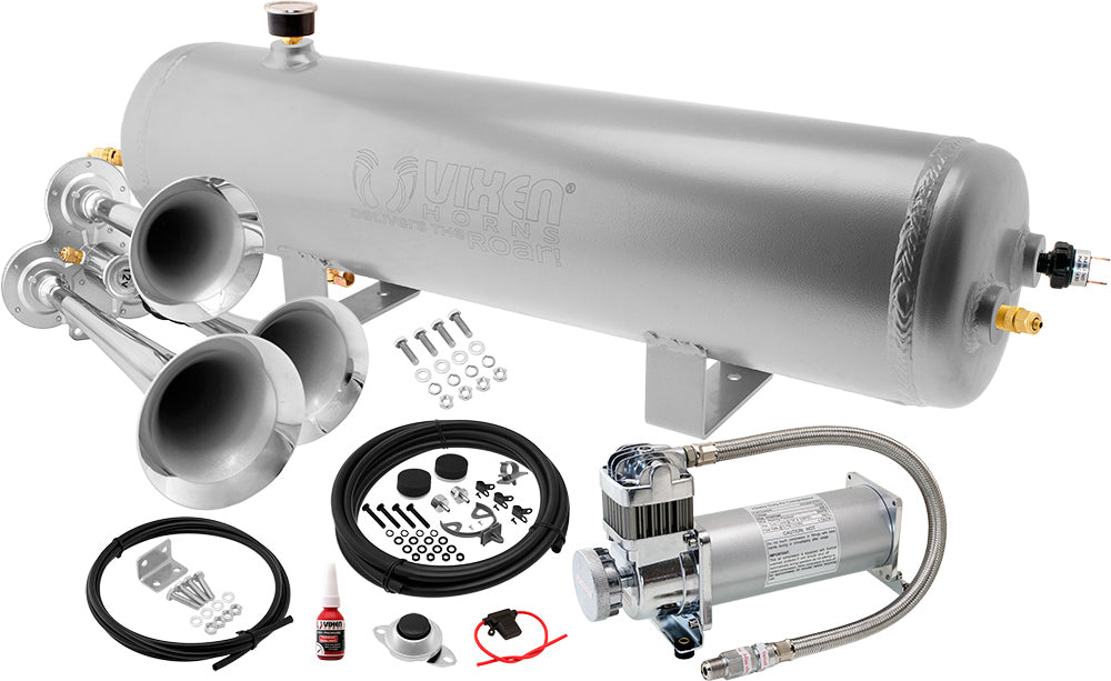 VIXEN HORNS VXO8330APRO/3114C TRIPLE TRUMPET TRAIN AIR HORN CHROME PLATED WITH 3 GALLON ALUMINUM TANK AND 200 PSI COMPRESSOR image 0