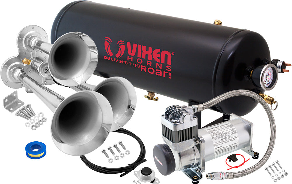 VIXEN HORNS VXO8325/3114 TRIPLE TRUMPET TRAIN AIR HORN CHROME PLATED WITH 2.5 GALLON TANK AND 200 PSI COMPRESSOR image 0