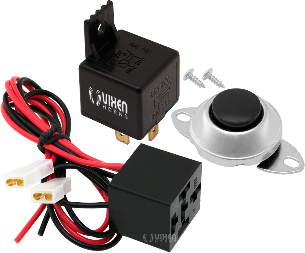 VIXEN HORNS VXK7802 4-PIN UNIVERSAL RELAY 12V/30A WITH PRE-WIRED QUICK CONNECT RELAY PLUG/SOCKET AND MOMENTARY HORN BUTTON image 0
